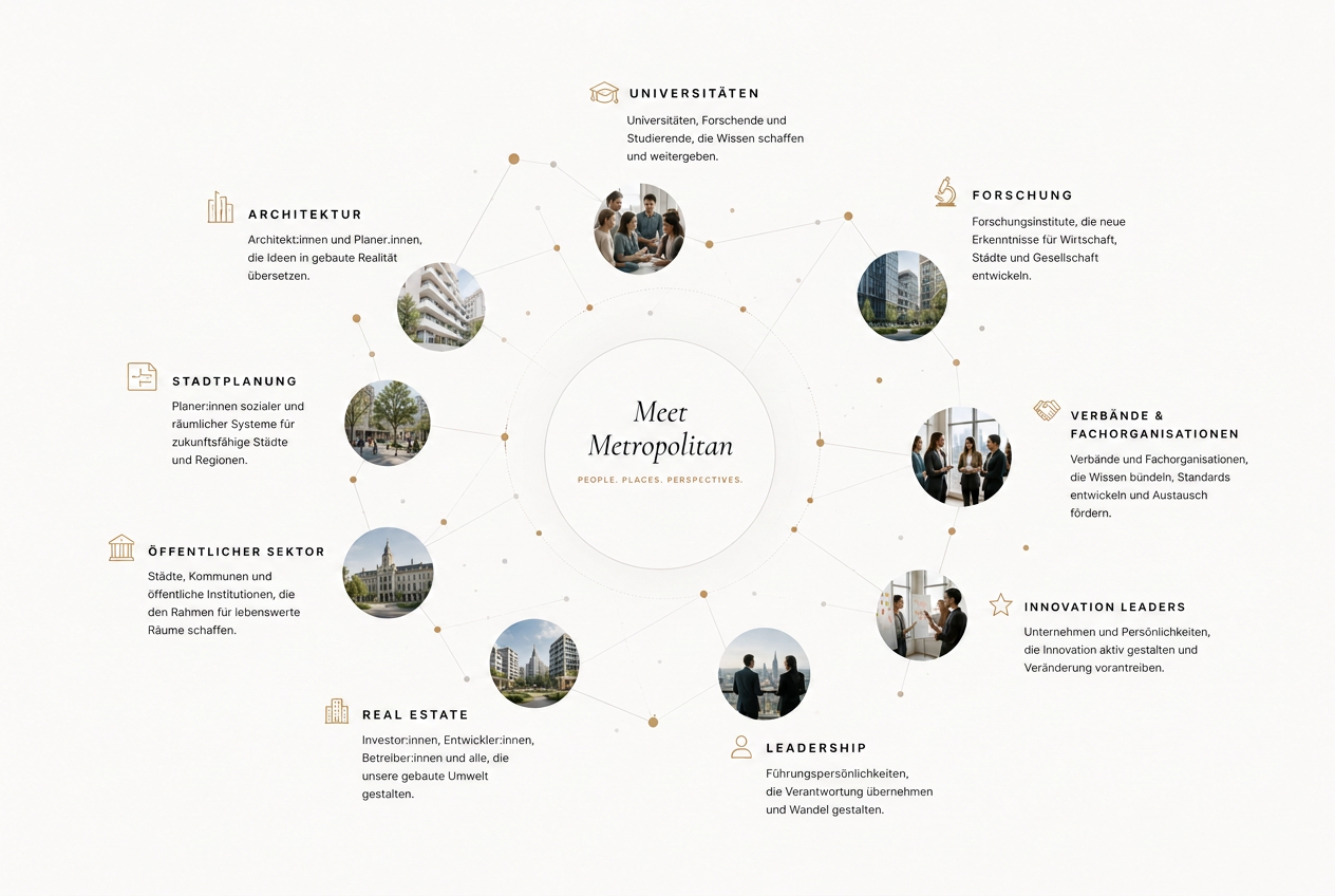 Meet Metropolitan Ökosystem – Universitäten, Forschung, Verbände, Innovation Leaders, Leadership, Real Estate, Öffentlicher Sektor, Stadtplanung und Architektur.